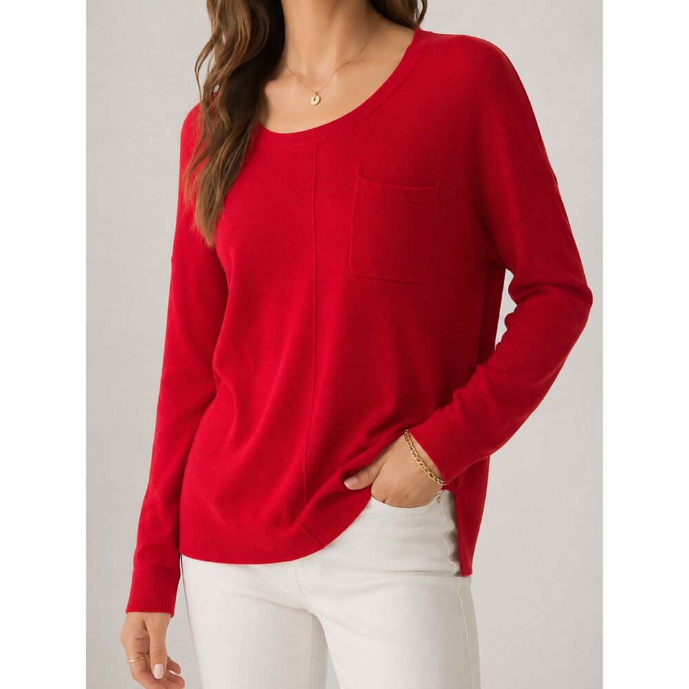 White House Black Market Cherry Red Knit Sweater Large Pocket Side Slit Top